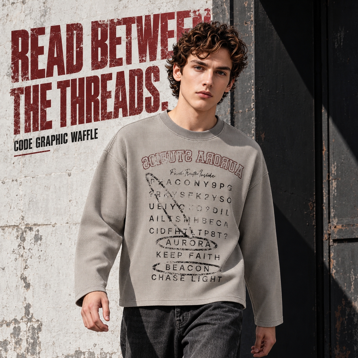 A3468 Light Gray vintage code print waffle long sleeve t-shirt, front styling view