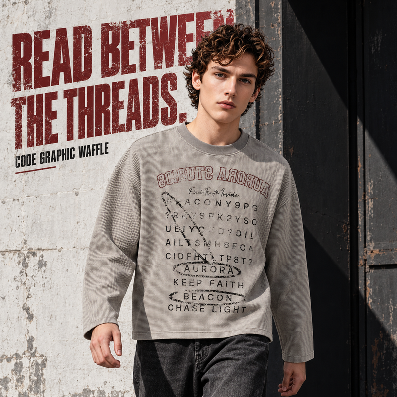 Vintage Code Print Waffle Long Sleeve T-Shirt