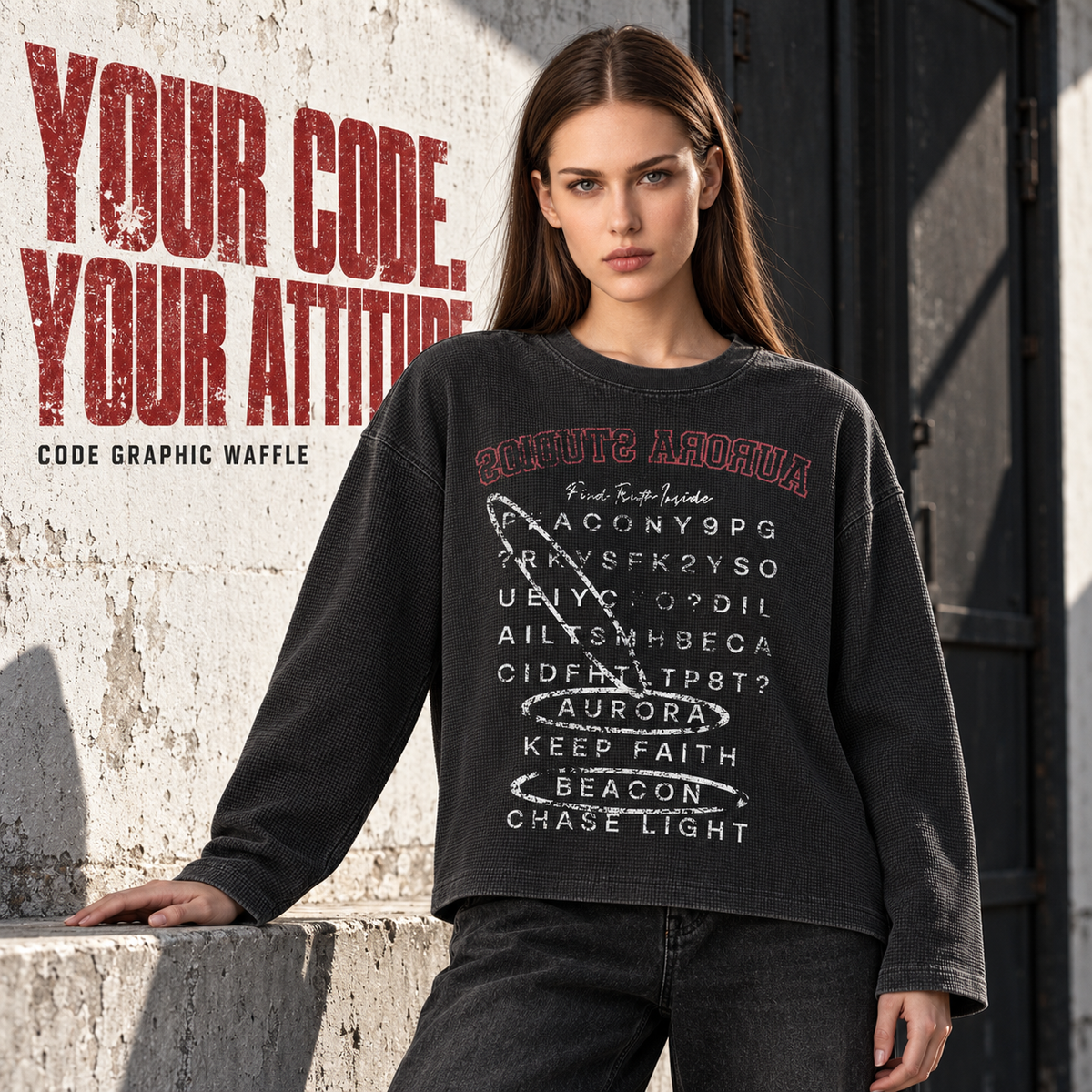 A3468 Snow Wash Black vintage code print waffle long sleeve t-shirt, alternate styling view