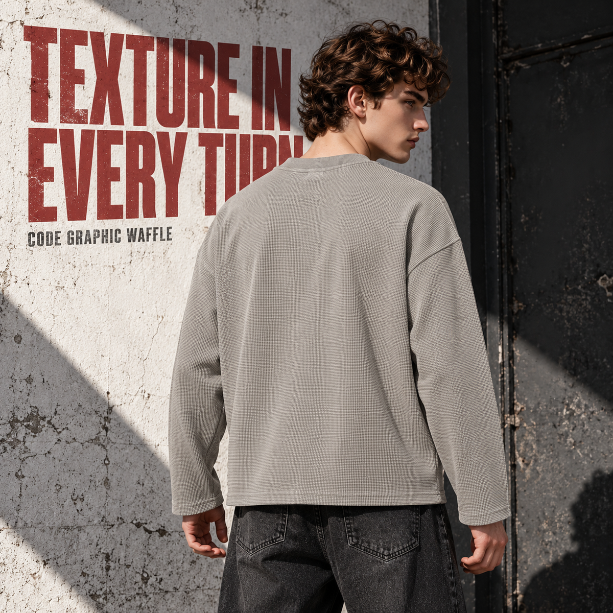 A3468 Light Gray vintage code print waffle long sleeve t-shirt, rear or three-quarter styling view