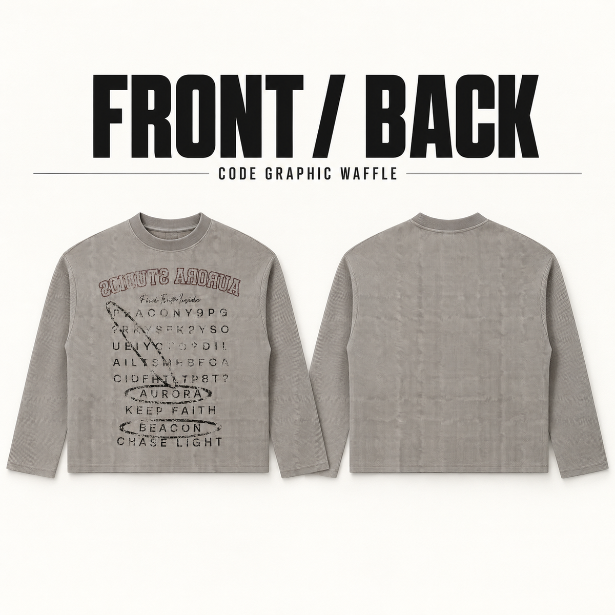 A3468 vintage code print waffle long sleeve t-shirt, front and back garment construction