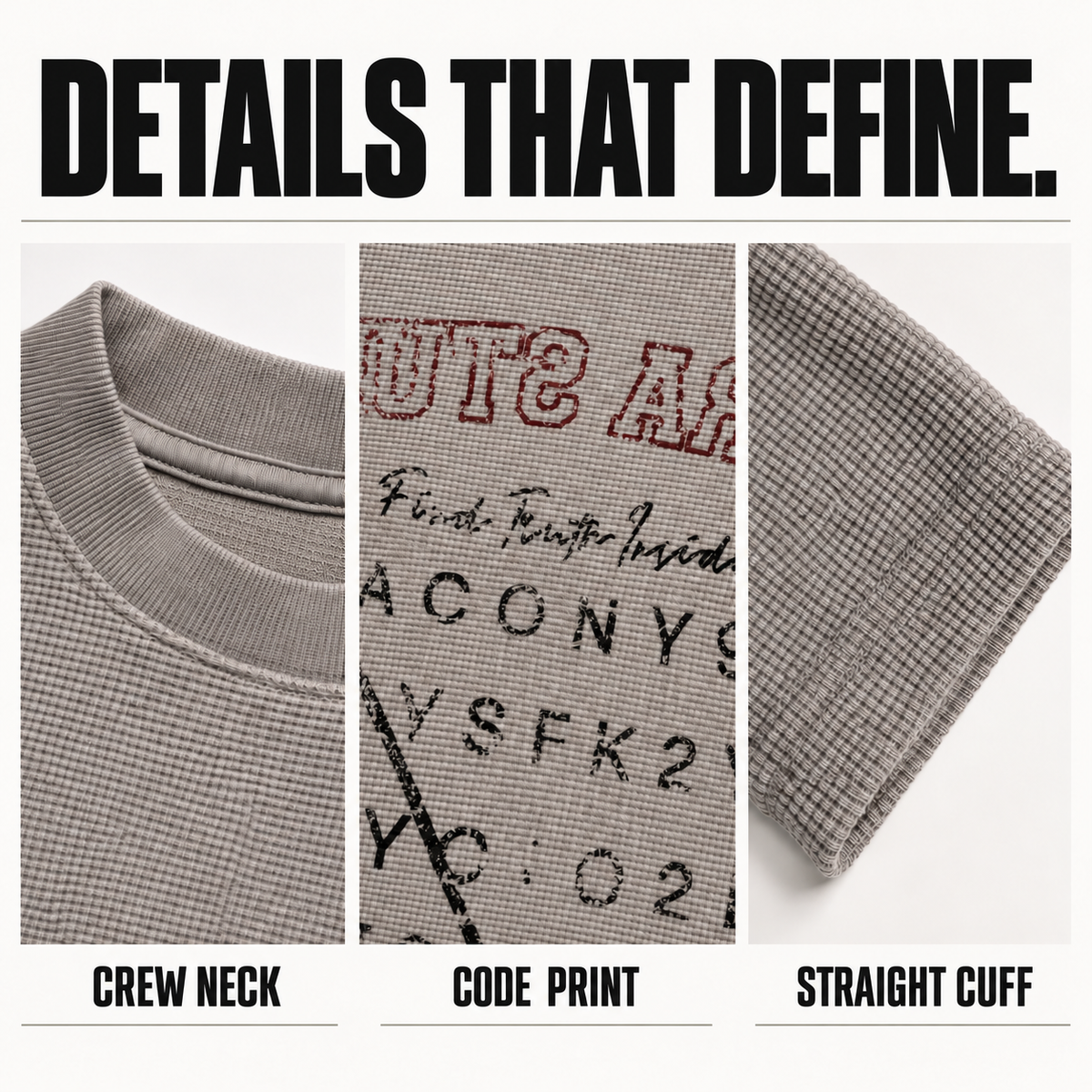 A3468 vintage code print waffle long sleeve t-shirt, close-up construction details
