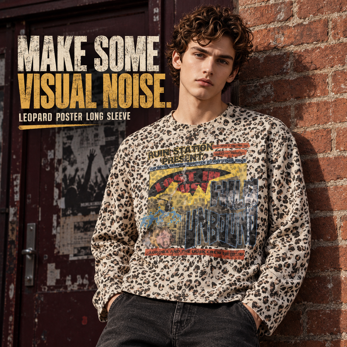 A3568 Leopard Apricot leopard poster print waffle long sleeve t-shirt, front styling view
