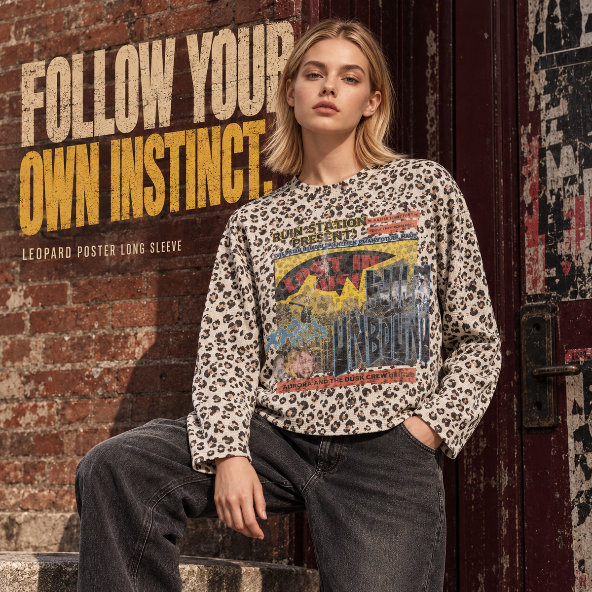 A3568 Leopard Apricot leopard poster print waffle long sleeve t-shirt, alternate styling view