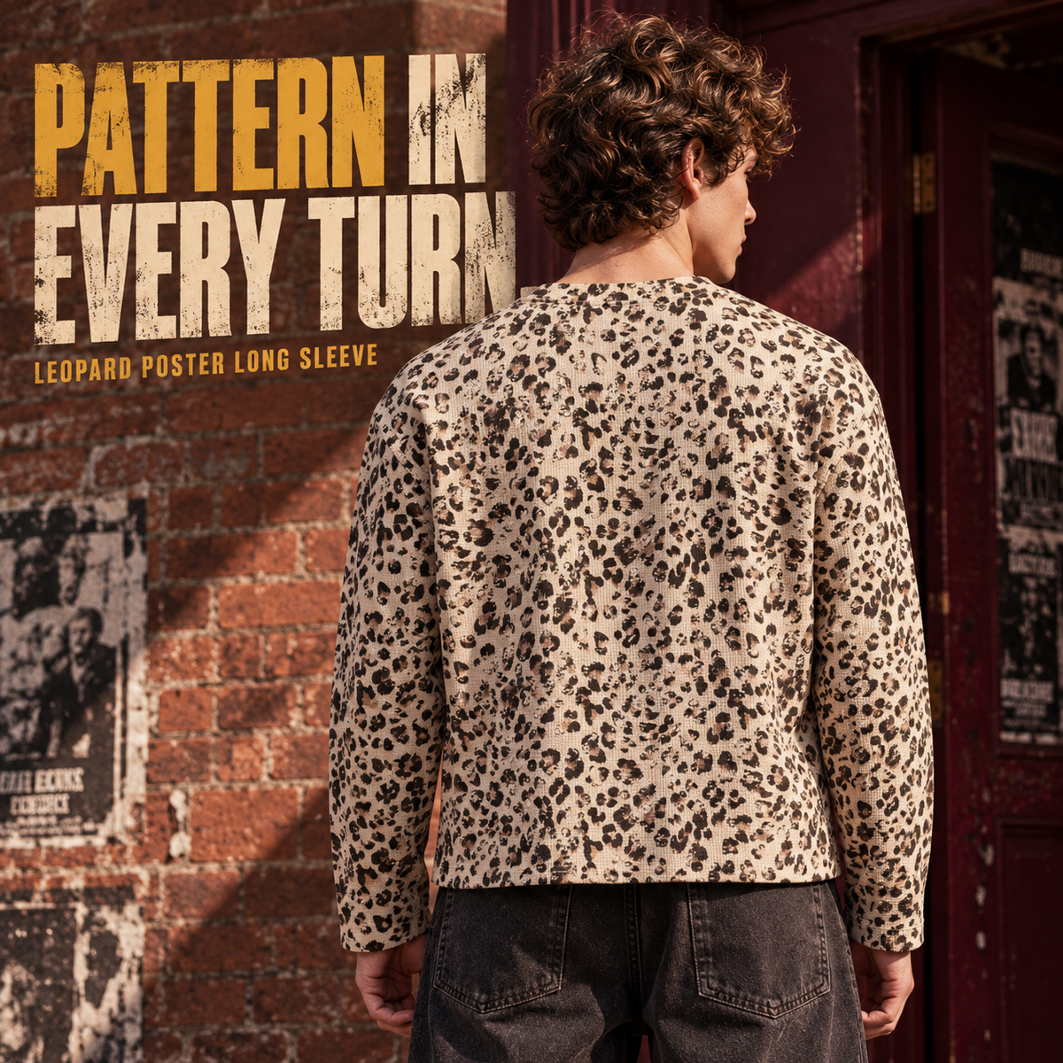 A3568 Leopard Apricot leopard poster print waffle long sleeve t-shirt, rear or three-quarter styling view