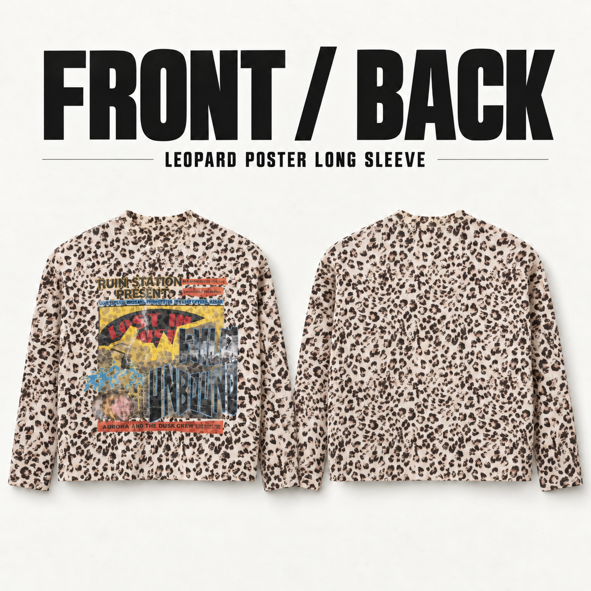 A3568 leopard poster print waffle long sleeve t-shirt, front and back garment construction