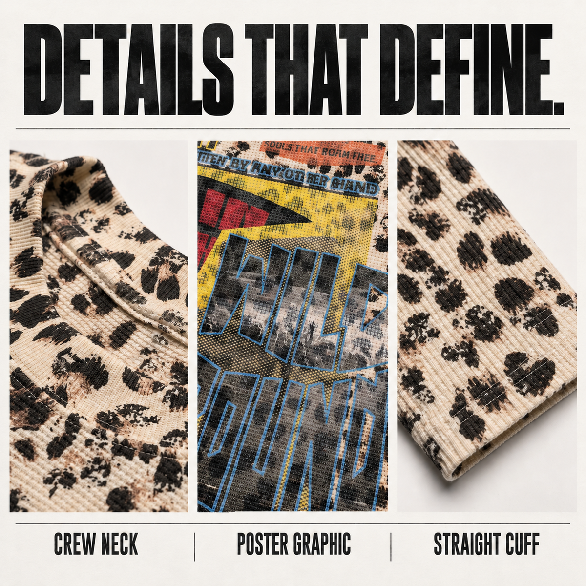 A3568 leopard poster print waffle long sleeve t-shirt, close-up construction details