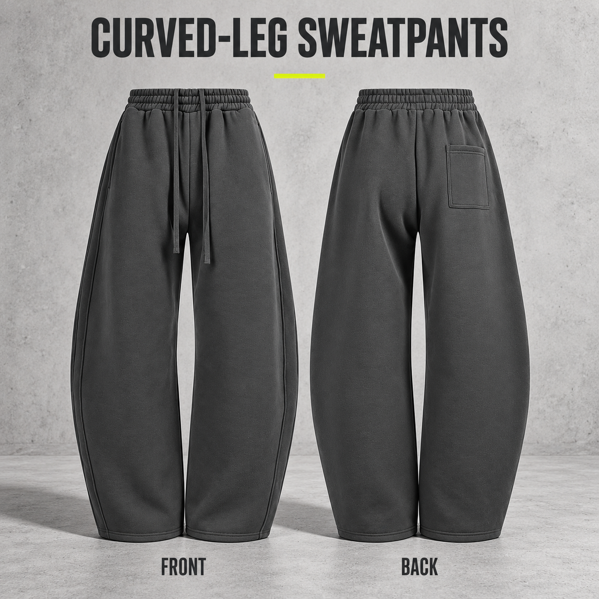A36362 curved-leg fleece sweatpants, front and back garment construction