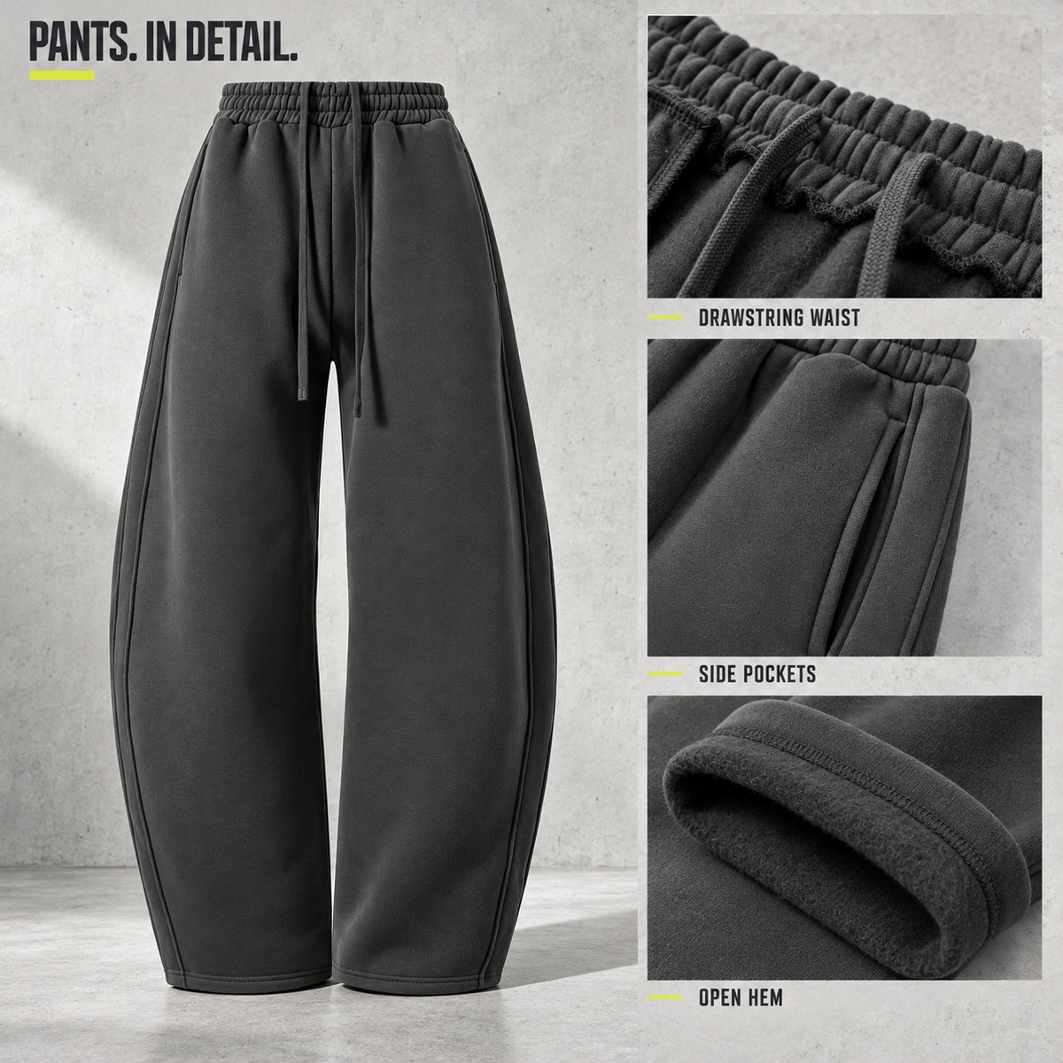 A36362 curved-leg fleece sweatpants, close-up construction details