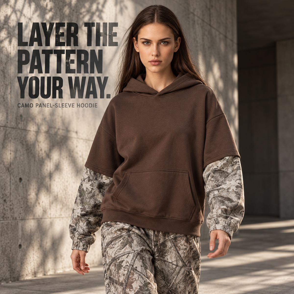 A36552 Coffee layered camo-sleeve fleece hoodie, alternate styling view