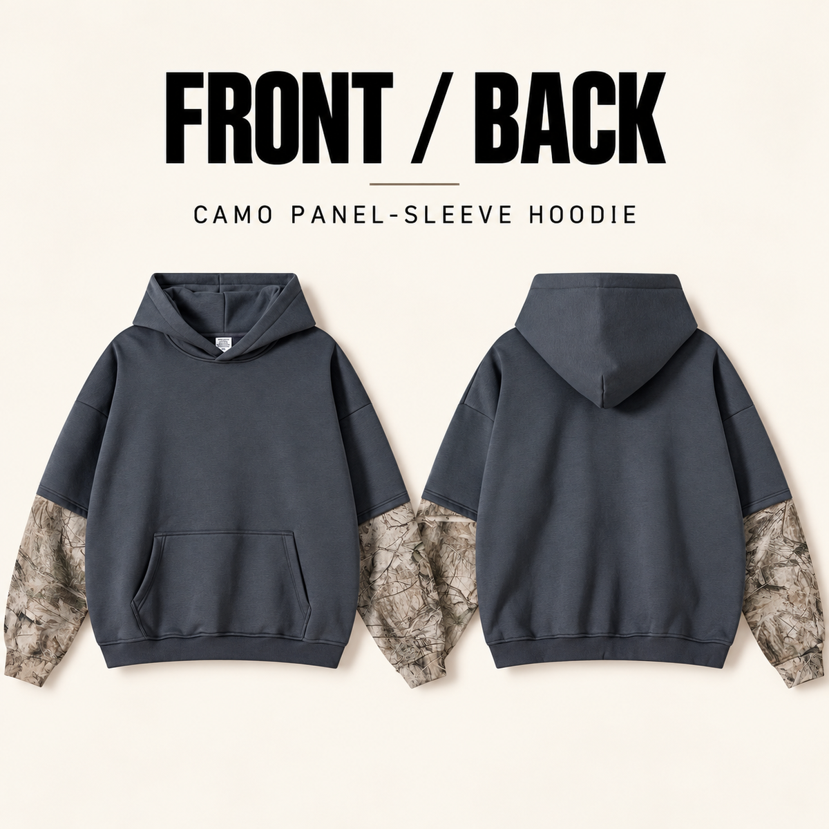 A36552 layered camo-sleeve fleece hoodie, front and back garment construction