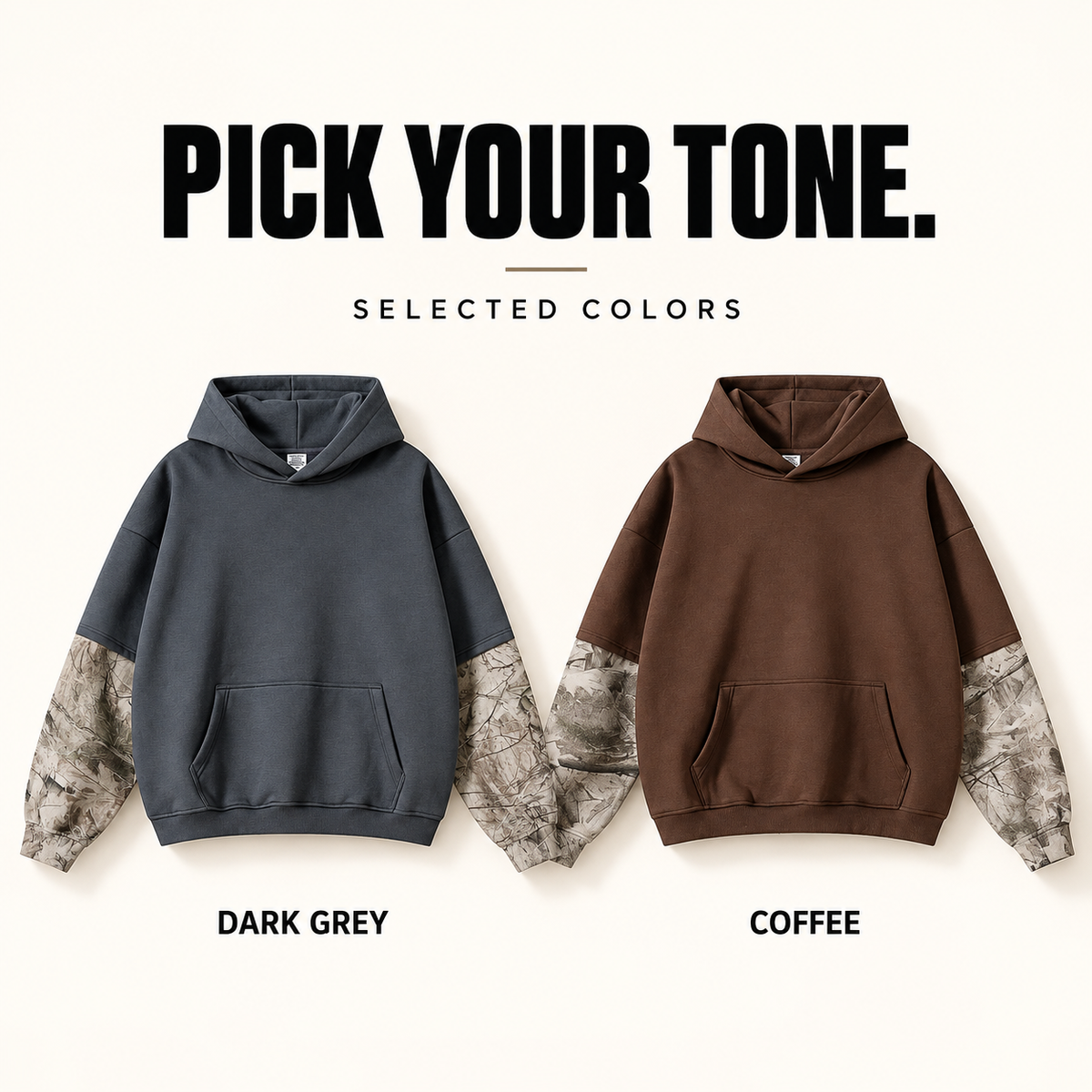A36552 layered camo-sleeve fleece hoodie, ready-stock color selection