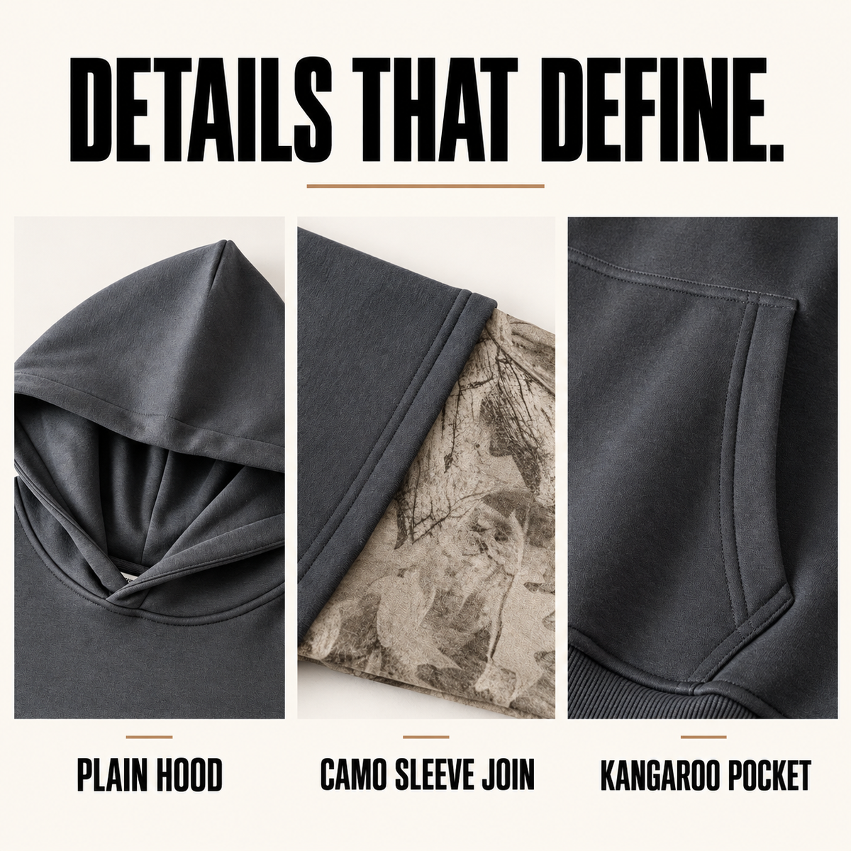 A36552 layered camo-sleeve fleece hoodie, close-up construction details