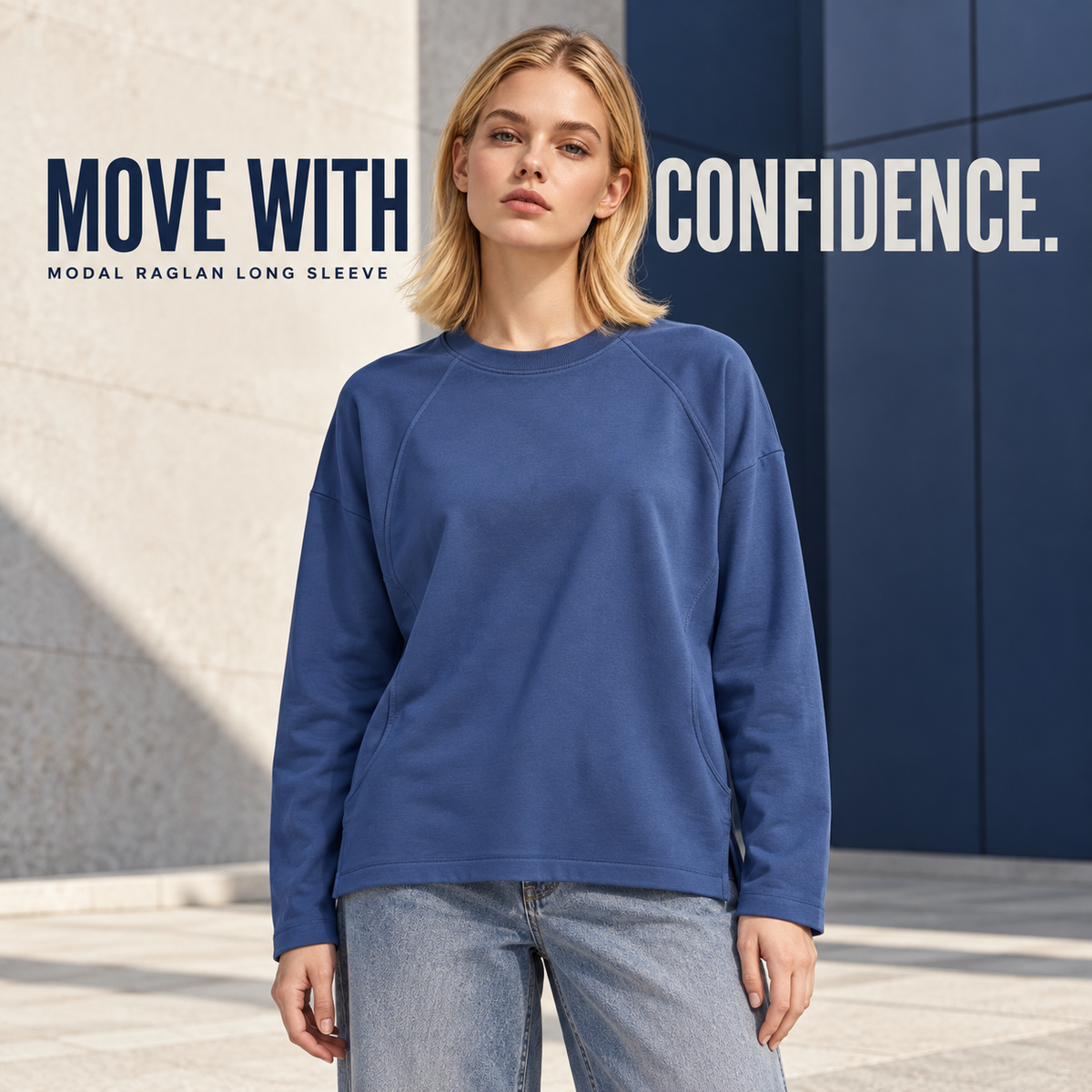 A37362 Denim Blue panel-seam modal blend long sleeve t-shirt, alternate styling view