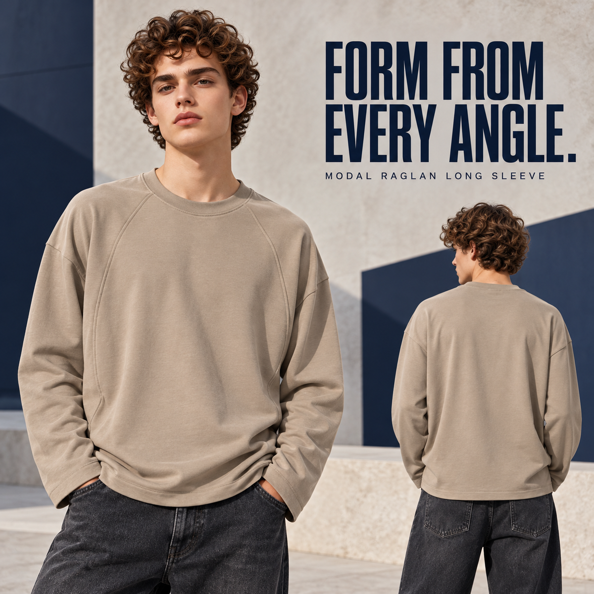 A37362 Dark Khaki panel-seam modal blend long sleeve t-shirt, rear or three-quarter styling view