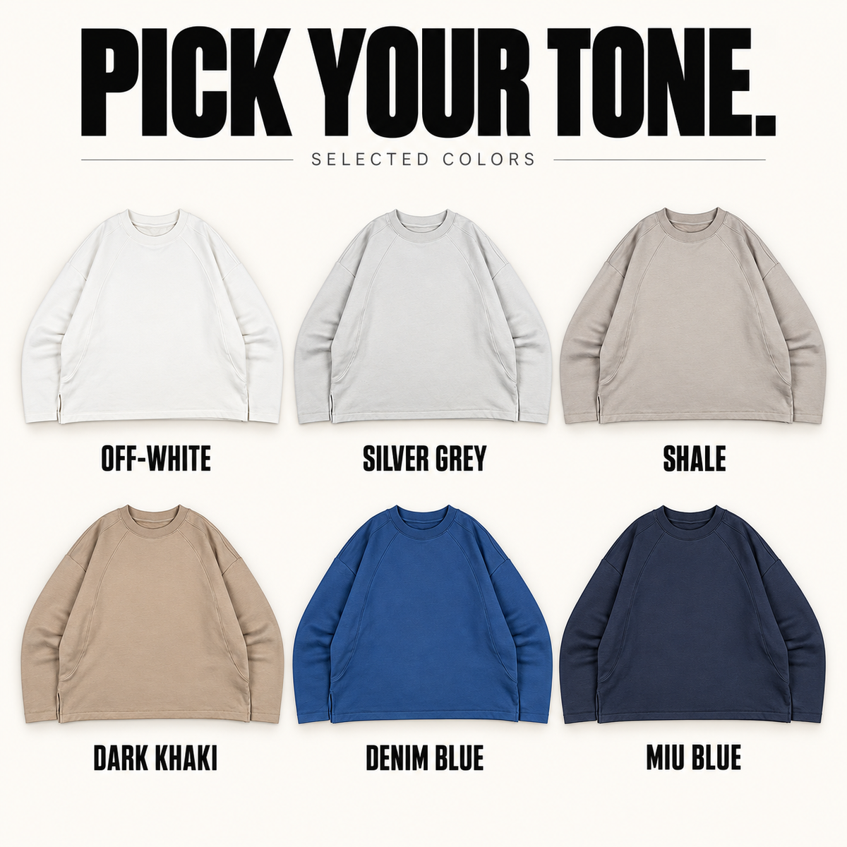 A37362 complete ready-stock color selection board showing Off-White, Silver Grey, Shale, Dark Khaki, Denim Blue, Miu Blue