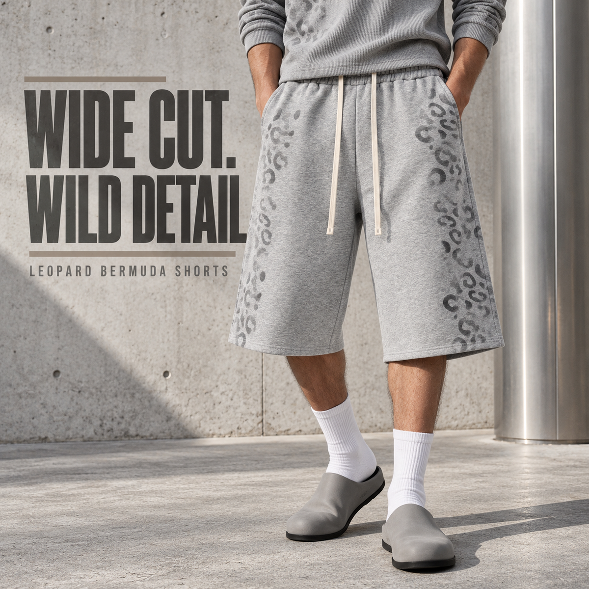 A4068 Heather Grey leopard print fleece bermuda shorts, front styling view