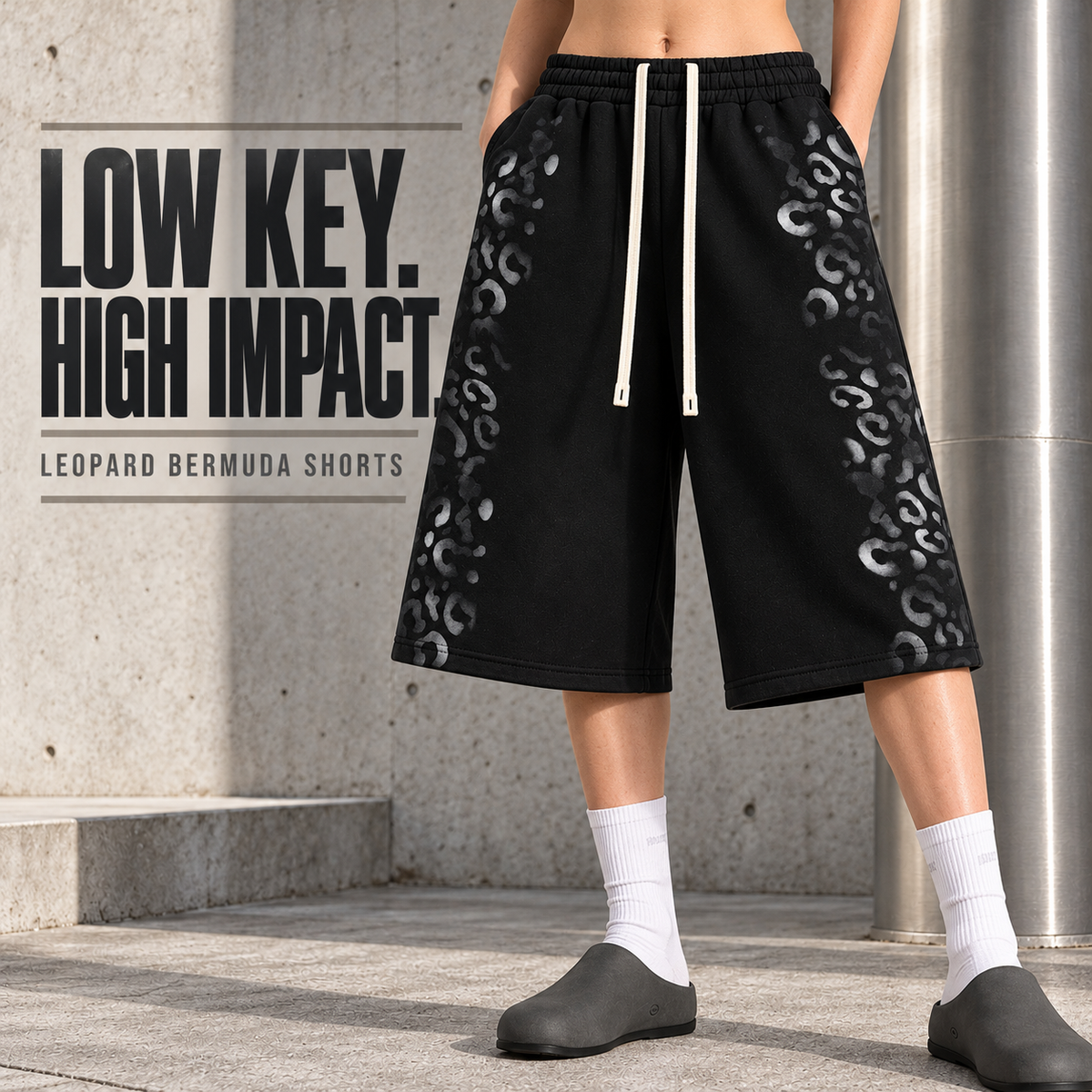 A4068 Black leopard print fleece bermuda shorts, alternate styling view