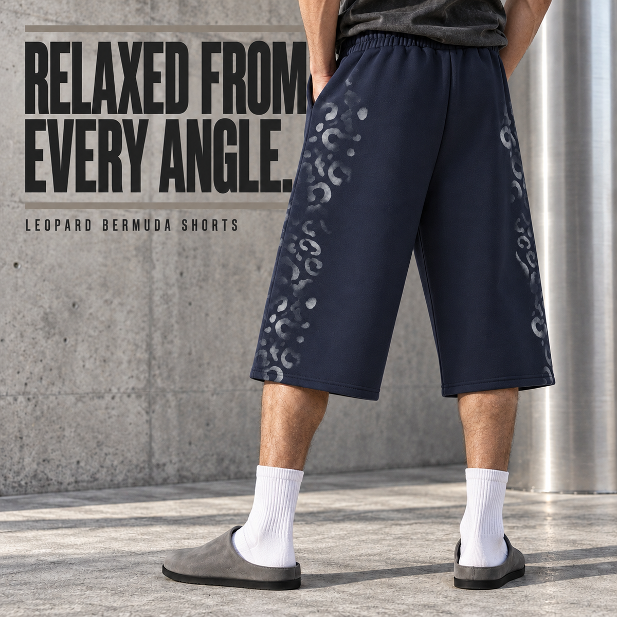 A4068 Midnight Blue leopard print fleece bermuda shorts, rear or three-quarter styling view