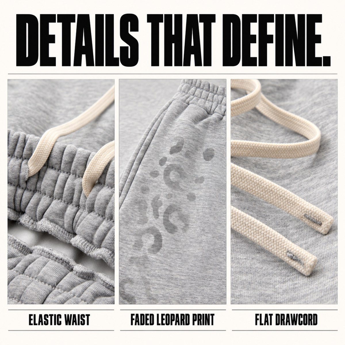A4068 leopard print fleece bermuda shorts, close-up construction details