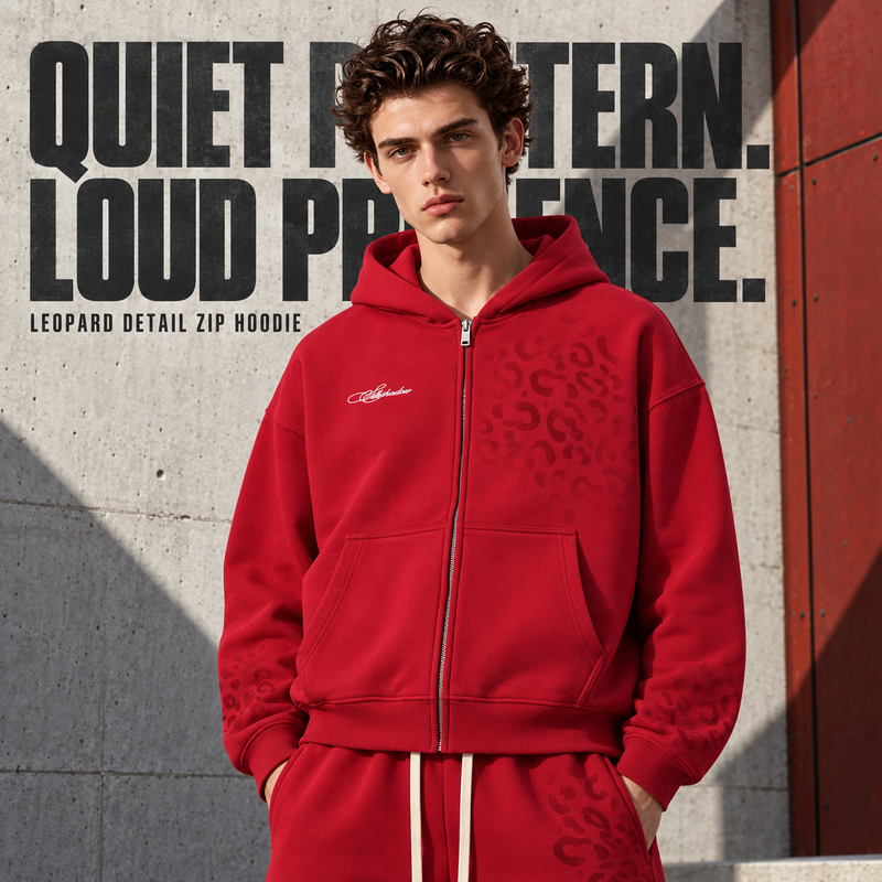 Leopard Detail Embroidered Fleece Zip Hoodie