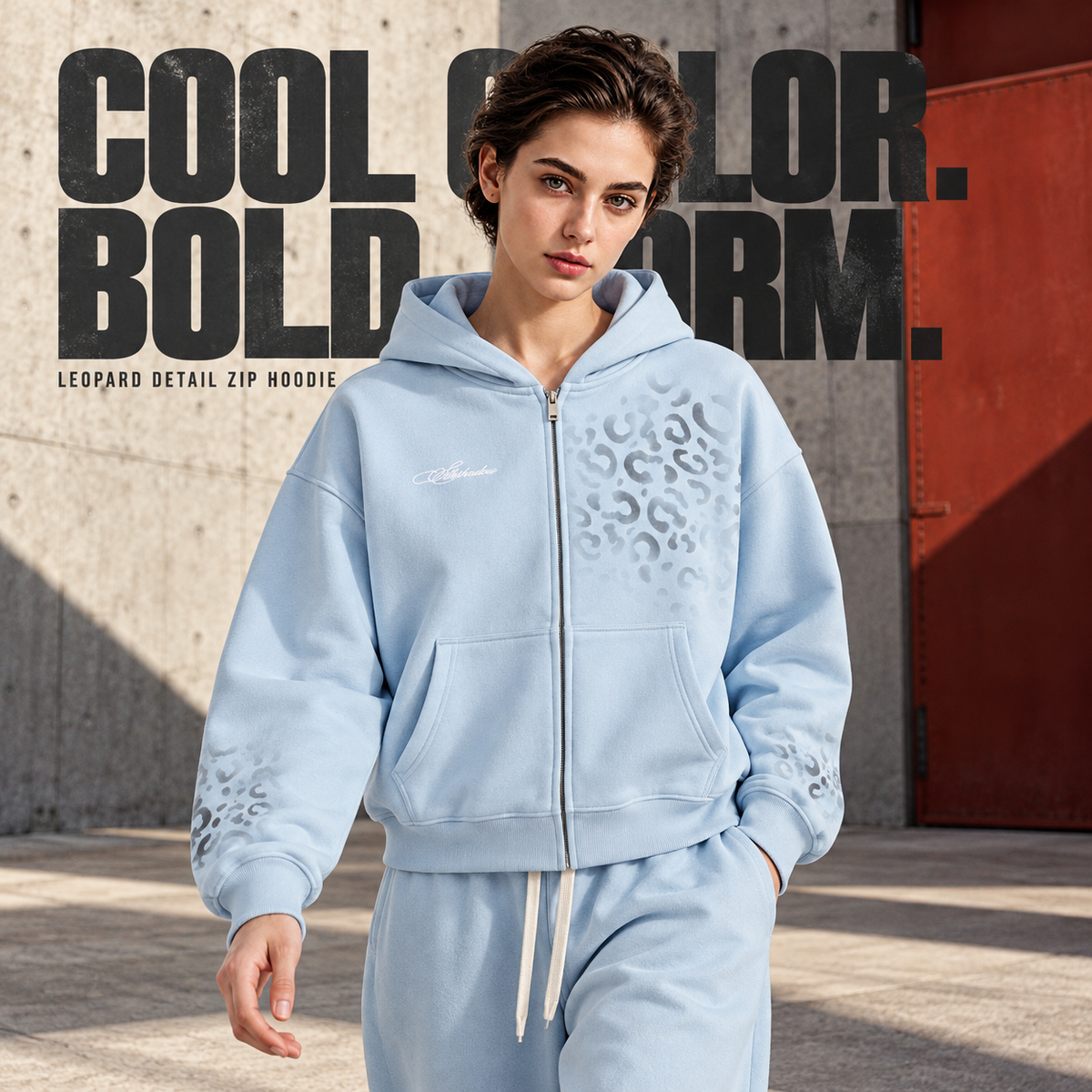 A4268 Baby Blue leopard detail embroidered fleece zip hoodie, alternate styling view