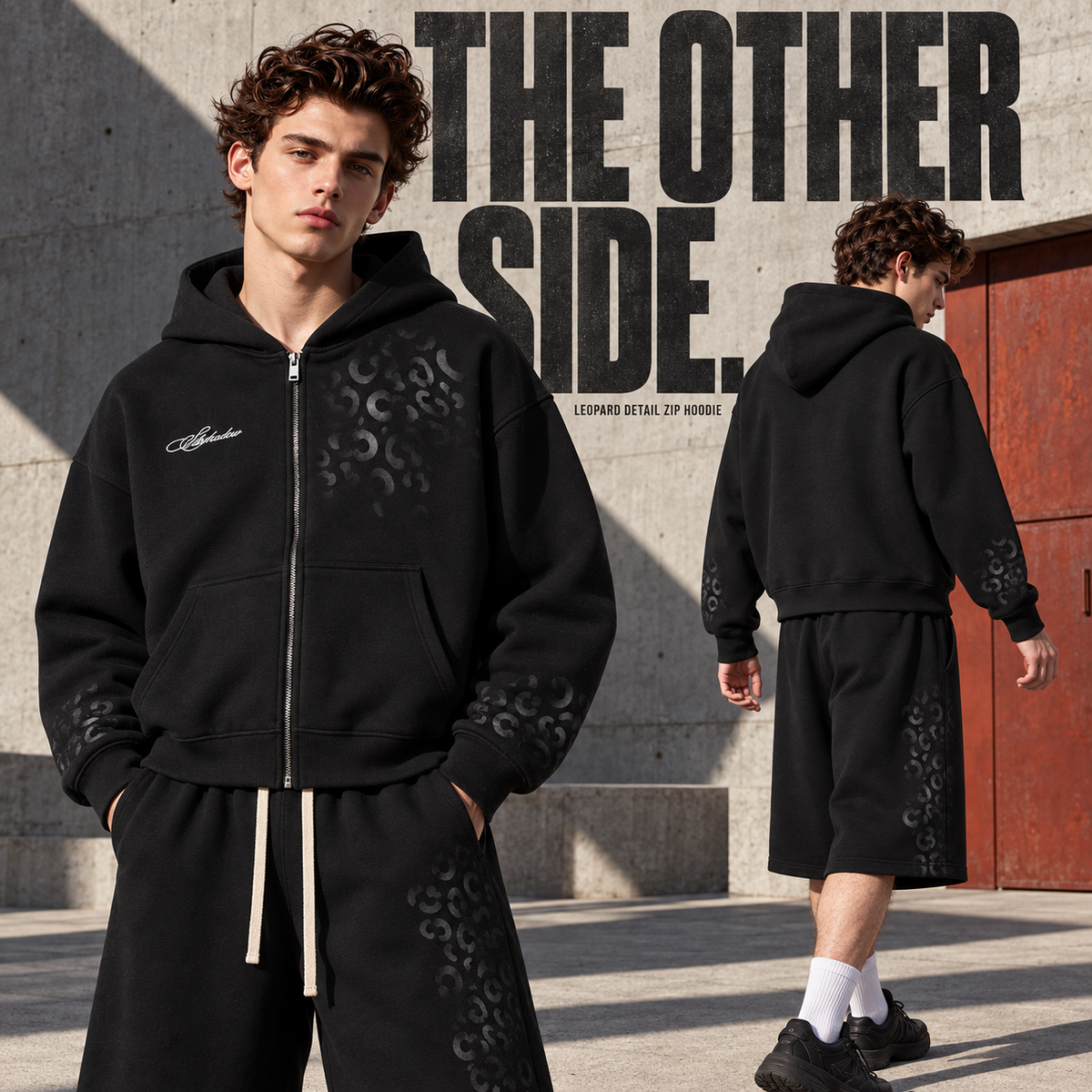 A4268 Black leopard detail embroidered fleece zip hoodie, rear or three-quarter styling view