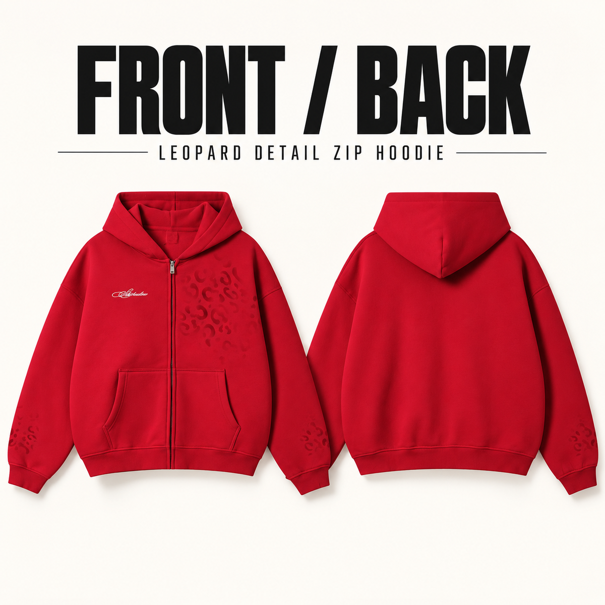 A4268 leopard detail embroidered fleece zip hoodie, front and back garment construction