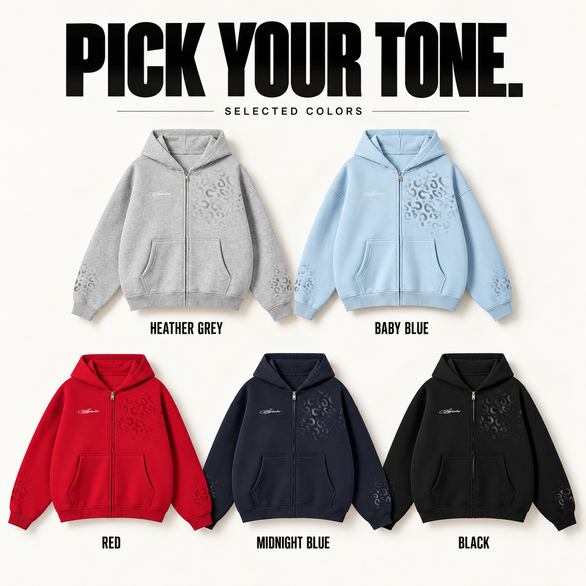 A4268 complete ready-stock color selection board showing Heather Grey, Baby Blue, Red, Midnight Blue, Black