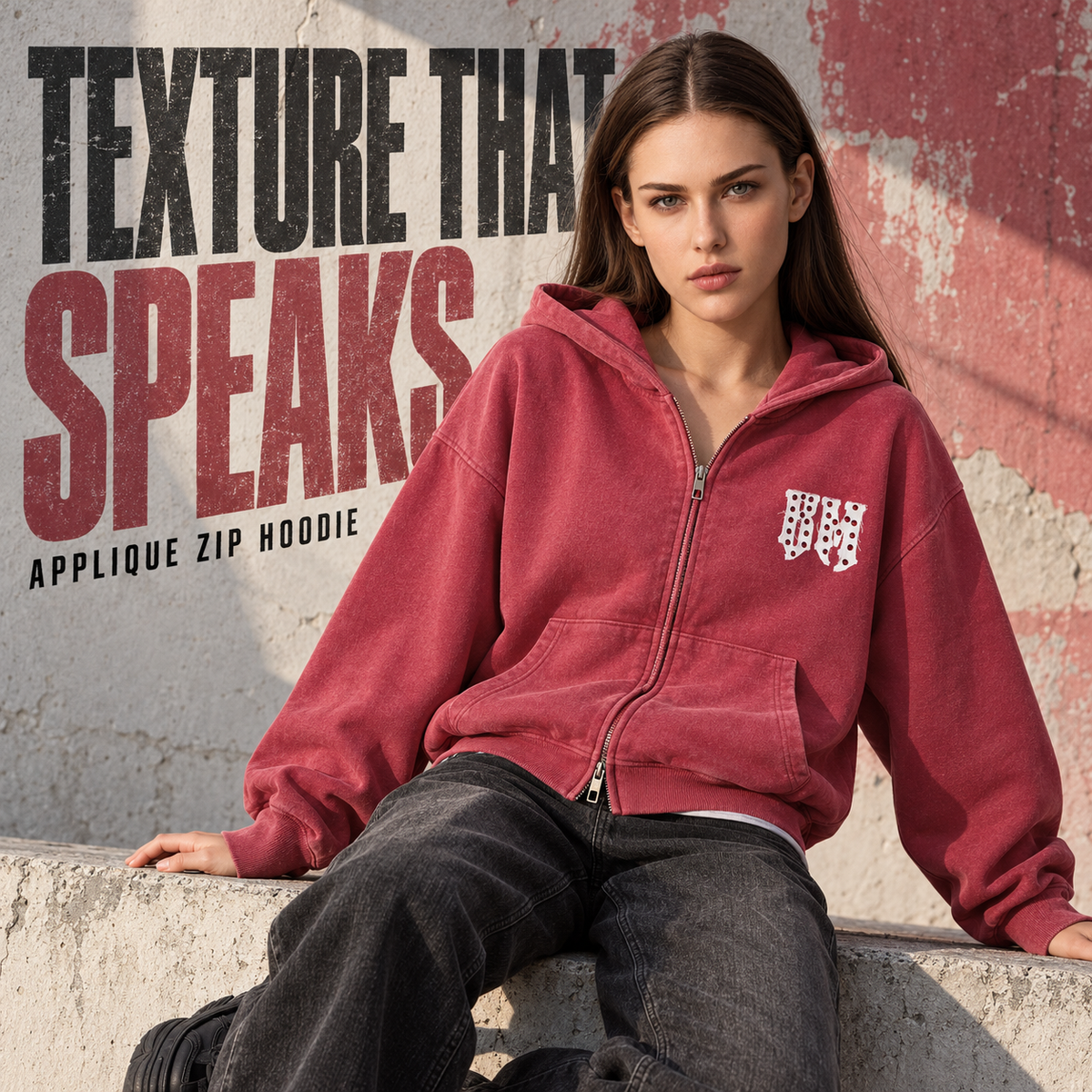 A4368 Red washed applique rhinestone two-way zip hoodie, alternate styling view