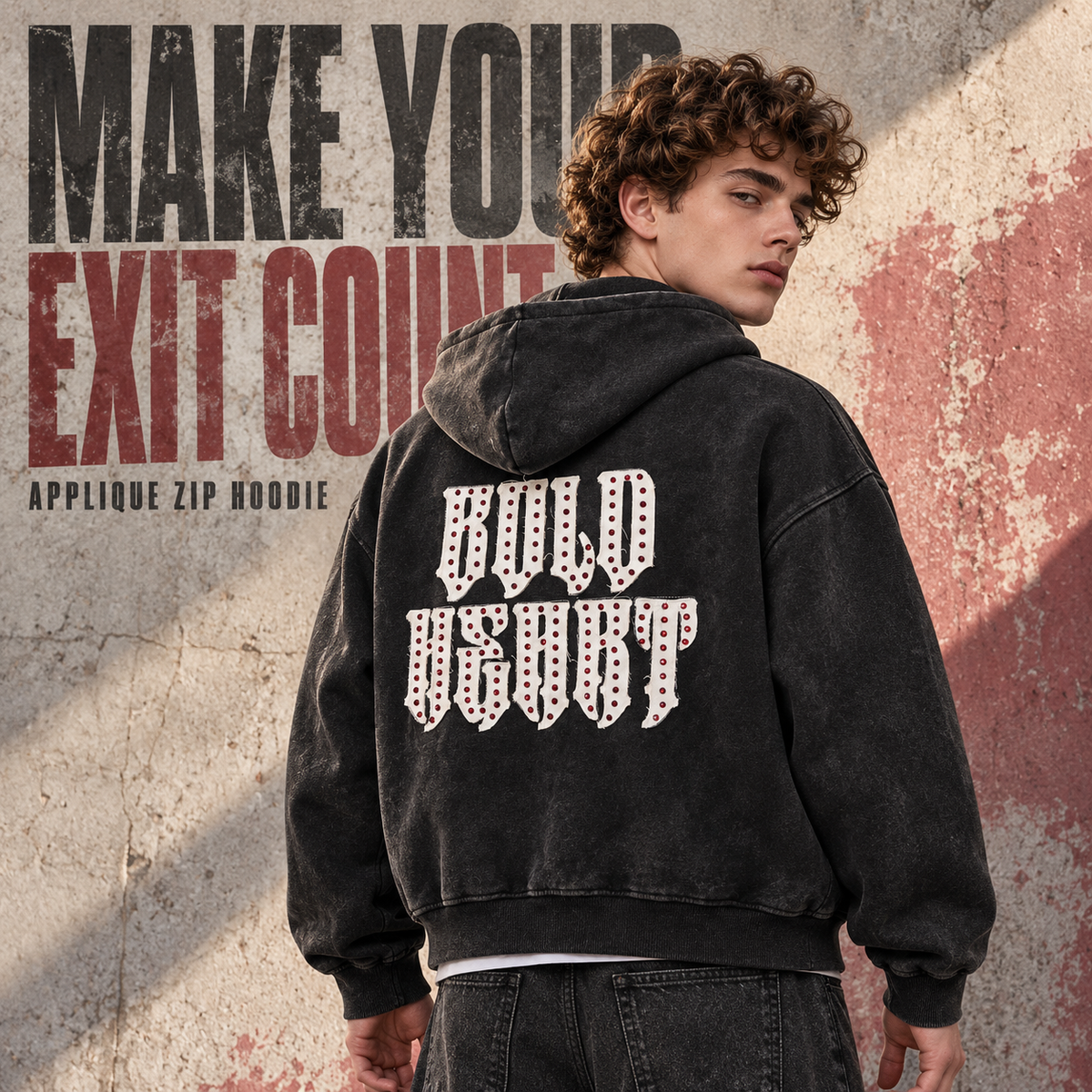 A4368 Snow Wash Black washed applique rhinestone two-way zip hoodie, rear or three-quarter styling view