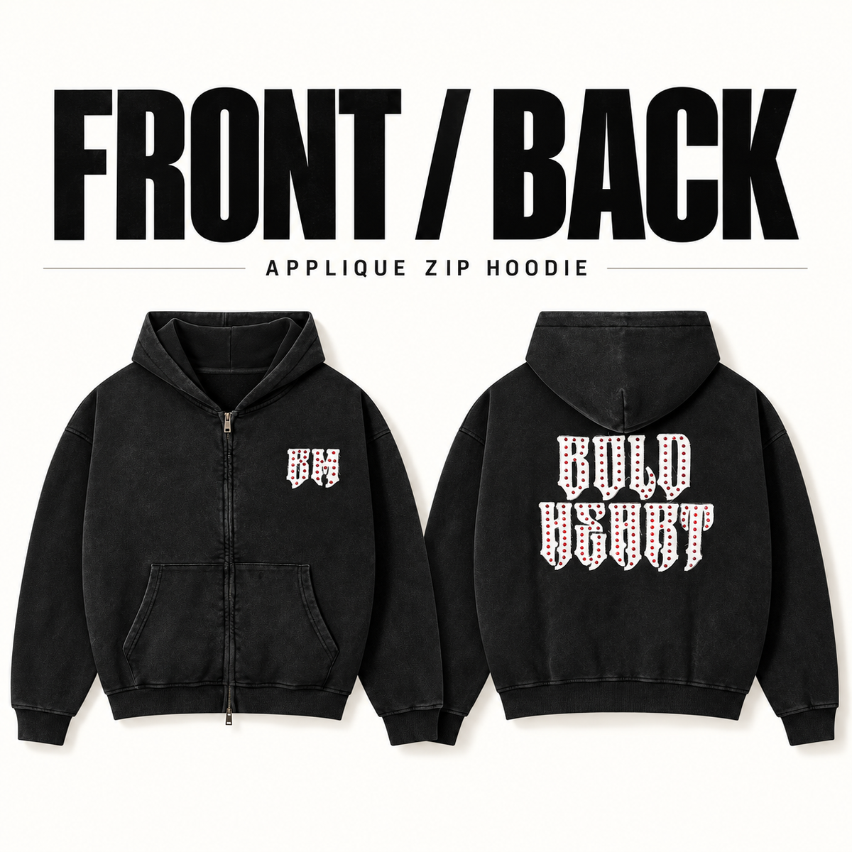 A4368 washed applique rhinestone two-way zip hoodie, front and back garment construction
