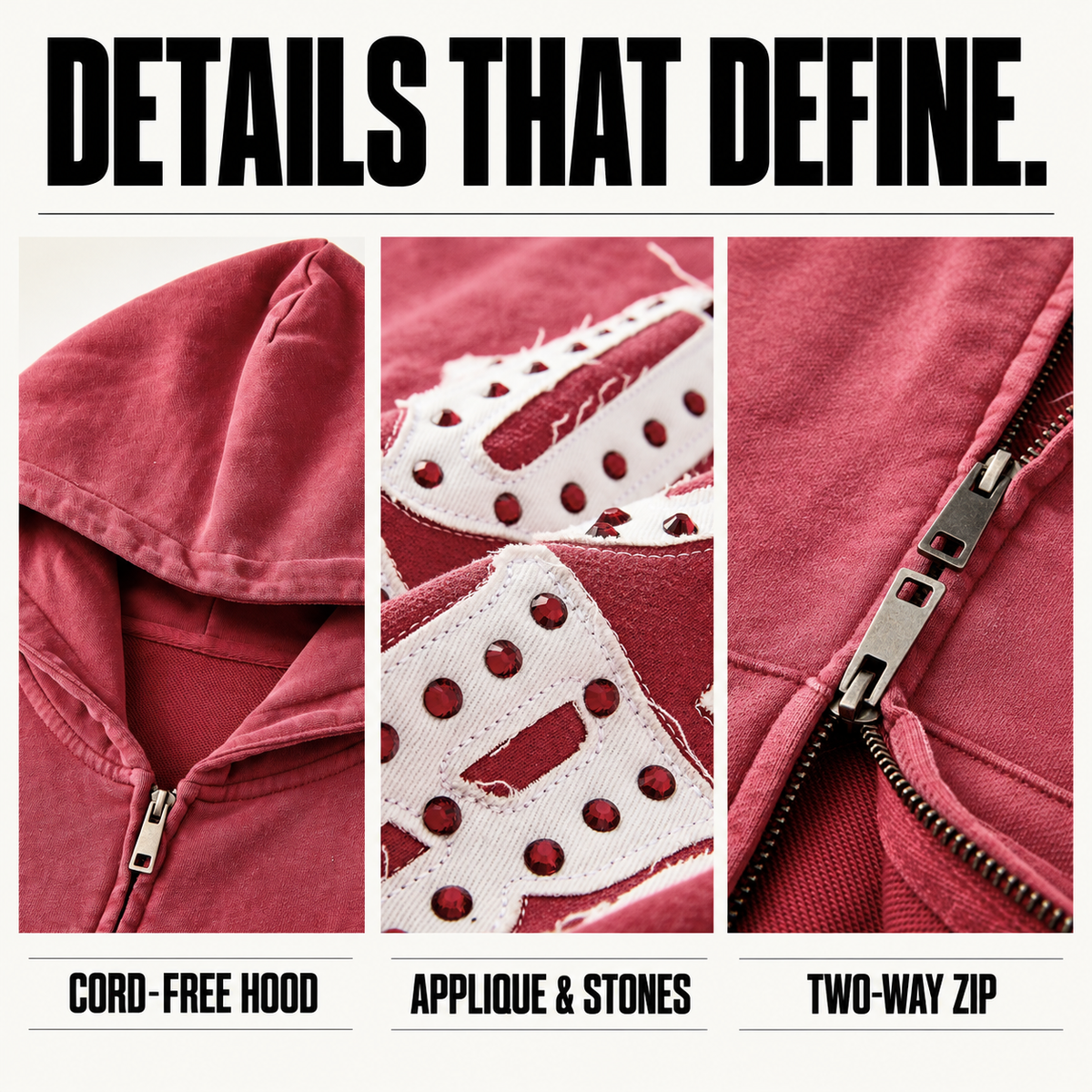 A4368 washed applique rhinestone two-way zip hoodie, close-up construction details