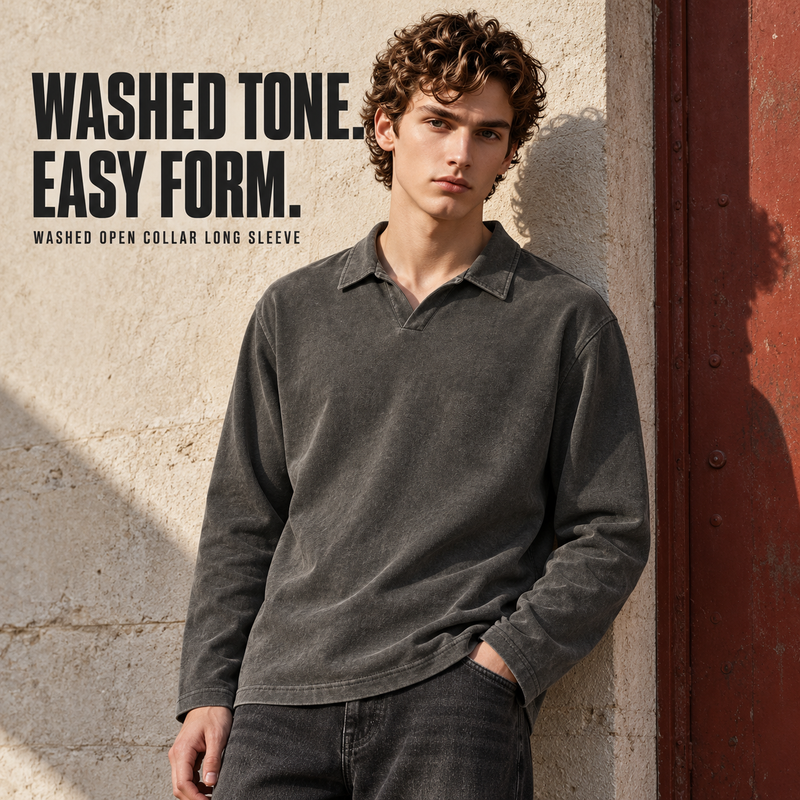 Washed Cotton Open-Collar Long Sleeve Polo