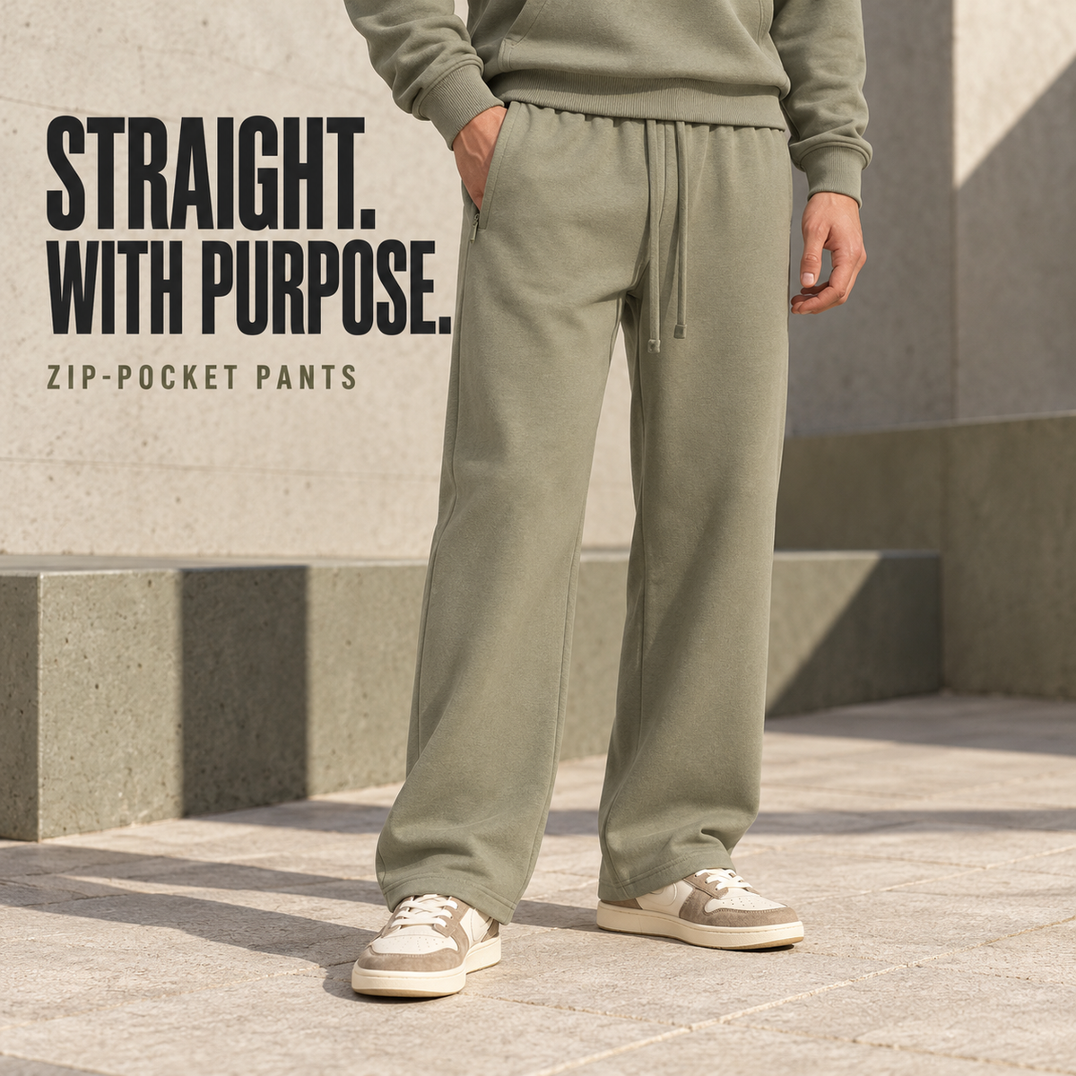 A5042 Grey Camel zip-pocket straight-leg fleece sweatpants, front styling view