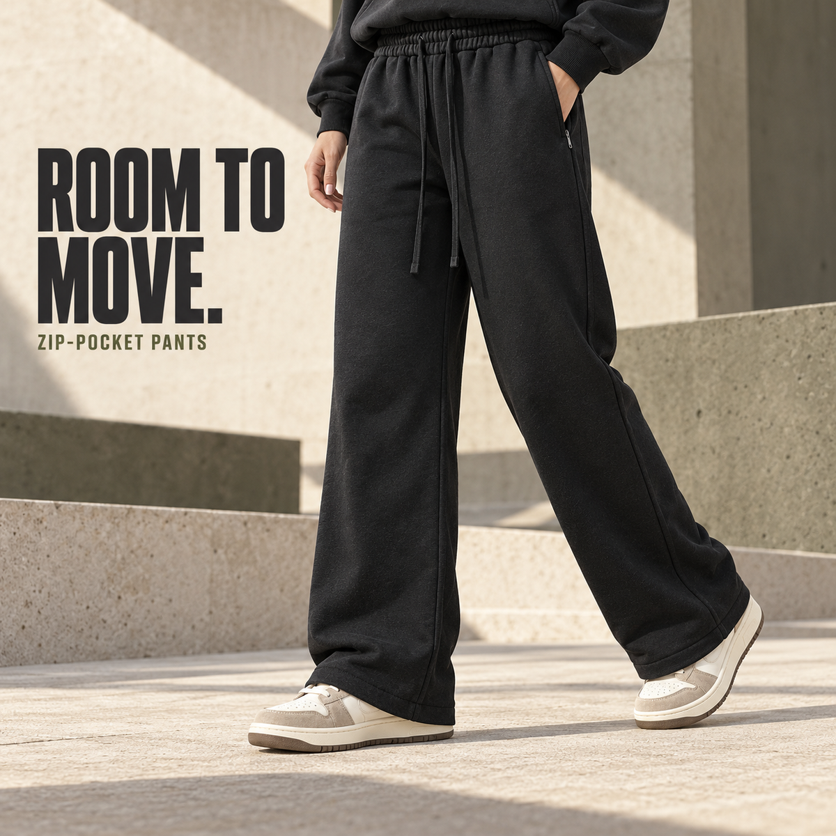 A5042 Black zip-pocket straight-leg fleece sweatpants, alternate styling view