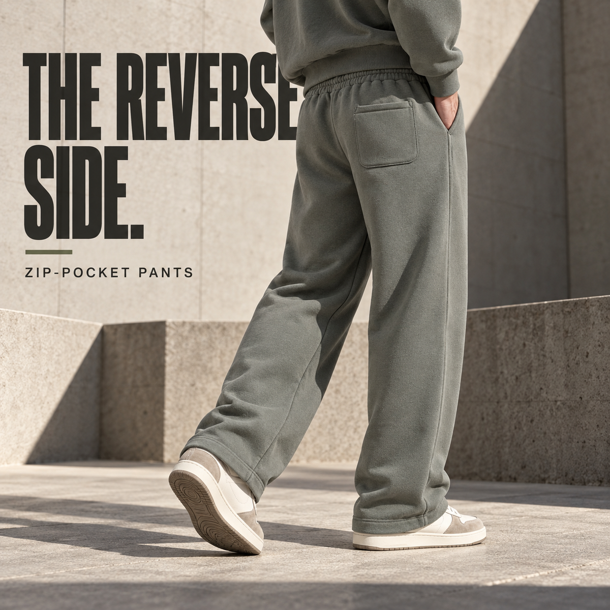 A5042 Oyster Grey zip-pocket straight-leg fleece sweatpants, rear or three-quarter styling view