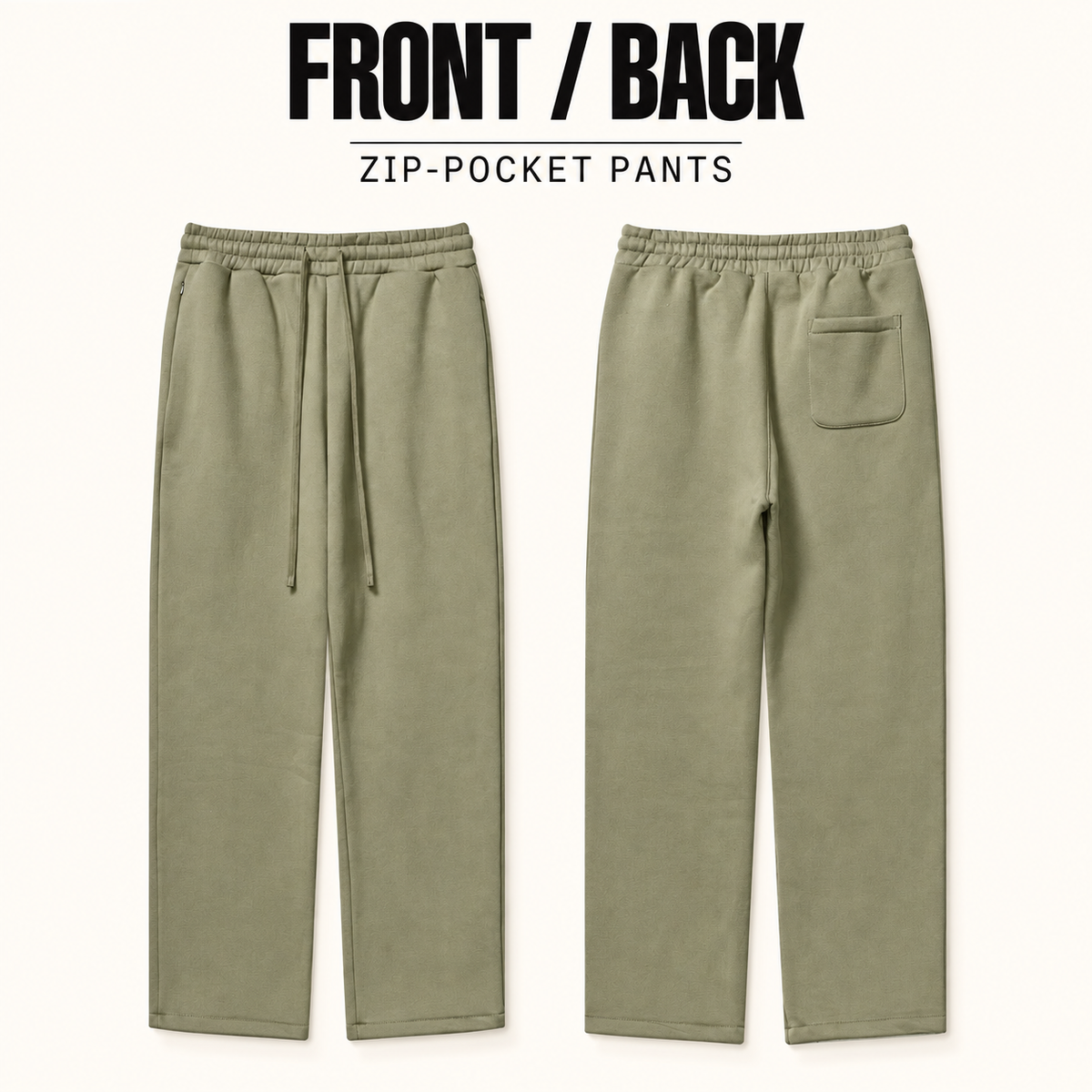 A5042 zip-pocket straight-leg fleece sweatpants, front and back garment construction