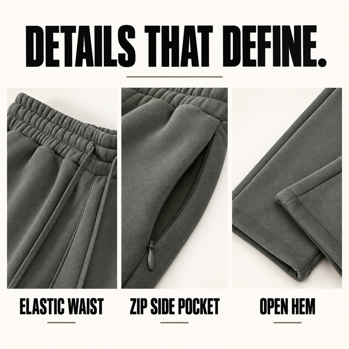 A5042 zip-pocket straight-leg fleece sweatpants, close-up construction details