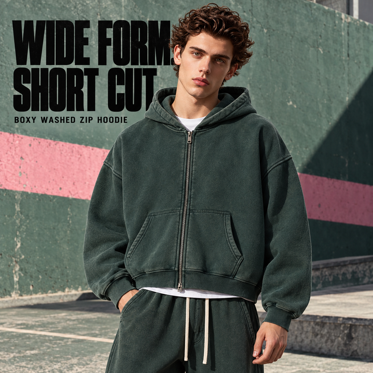 A50852 Vintage Forest boxy washed fleece zip hoodie, front styling view