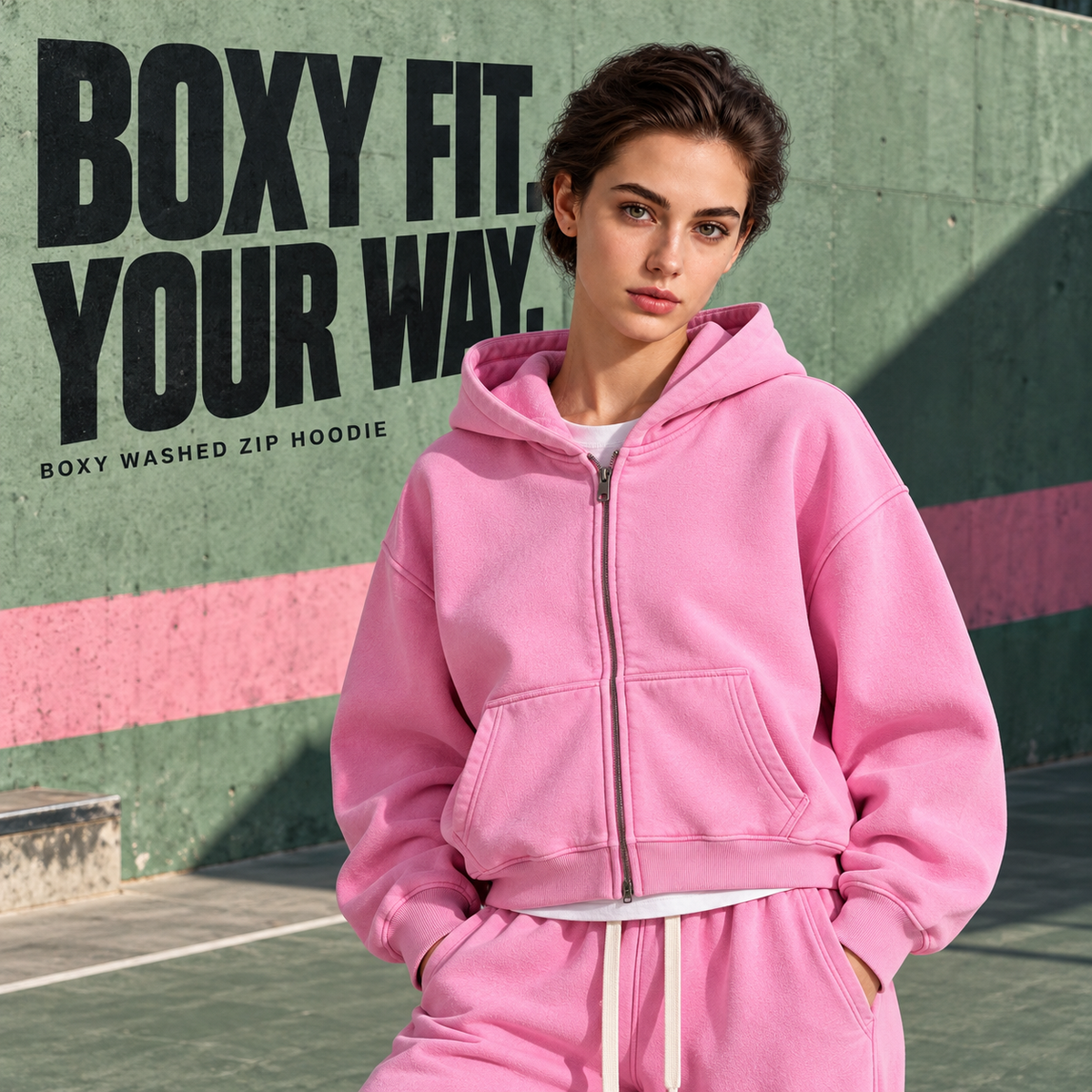 A50852 Vintage Peach boxy washed fleece zip hoodie, alternate styling view