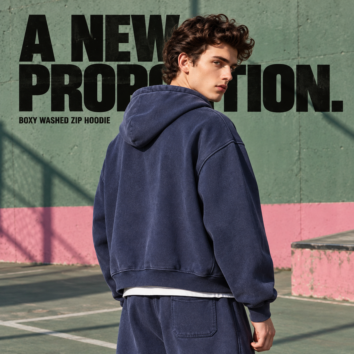 A50852 Vintage Royal Blue boxy washed fleece zip hoodie, rear or three-quarter styling view
