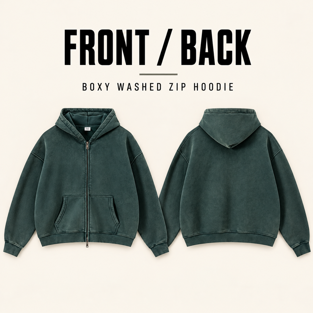 A50852 boxy washed fleece zip hoodie, front and back garment construction