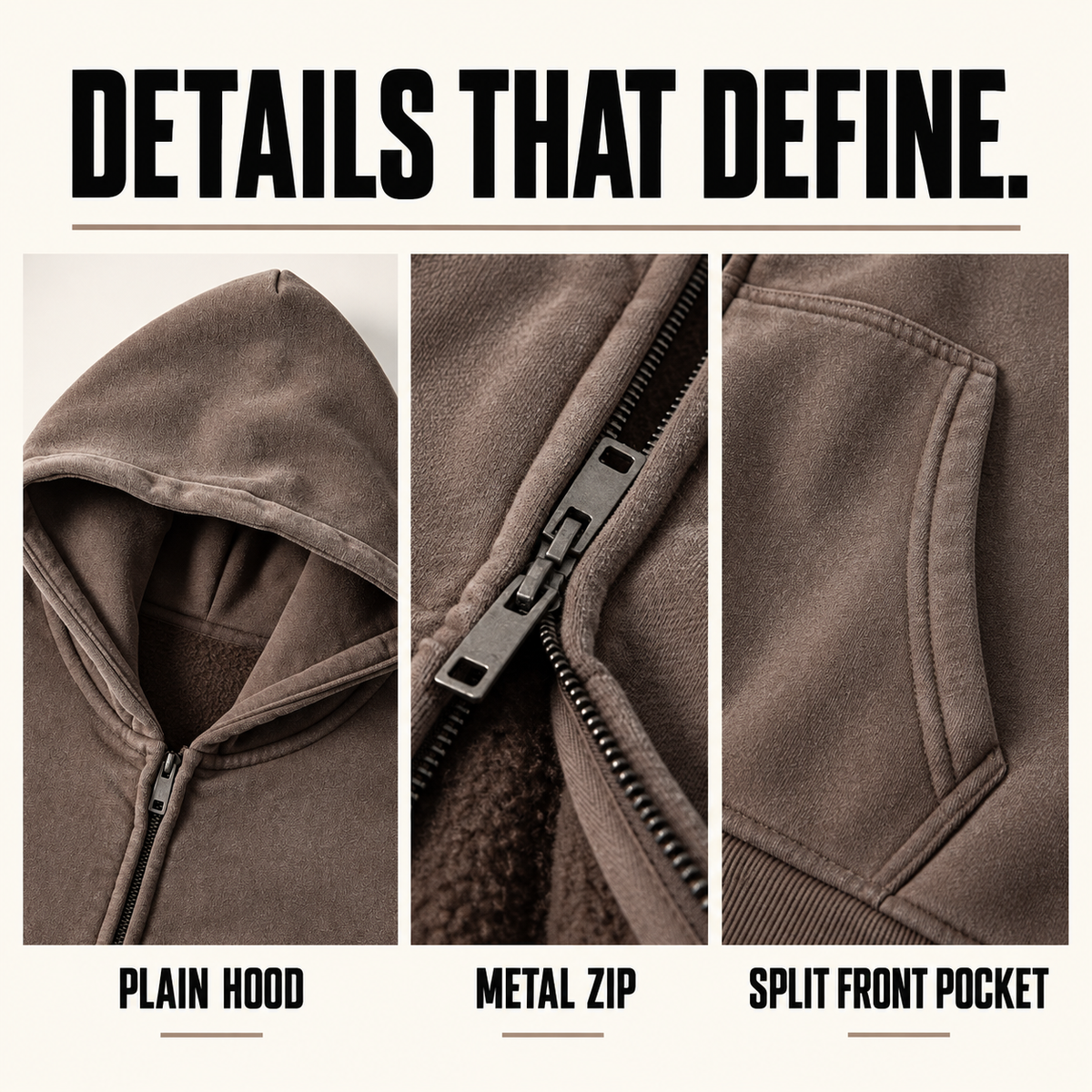 A50852 boxy washed fleece zip hoodie, close-up construction details
