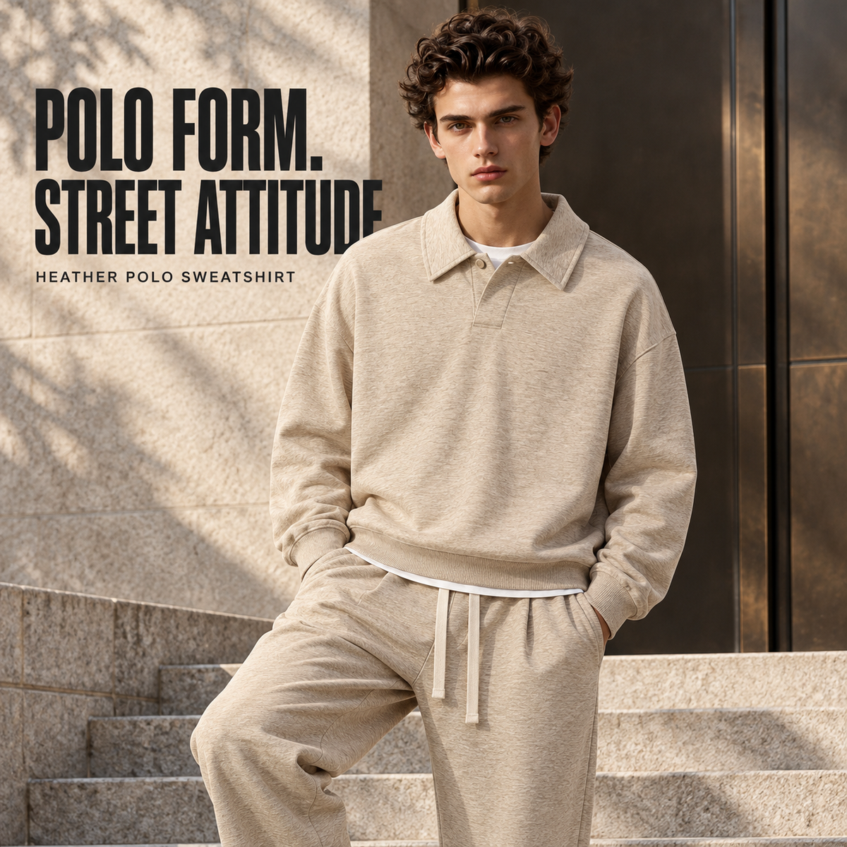 A51262 Haze Gold boxy heather polo sweatshirt, front styling view