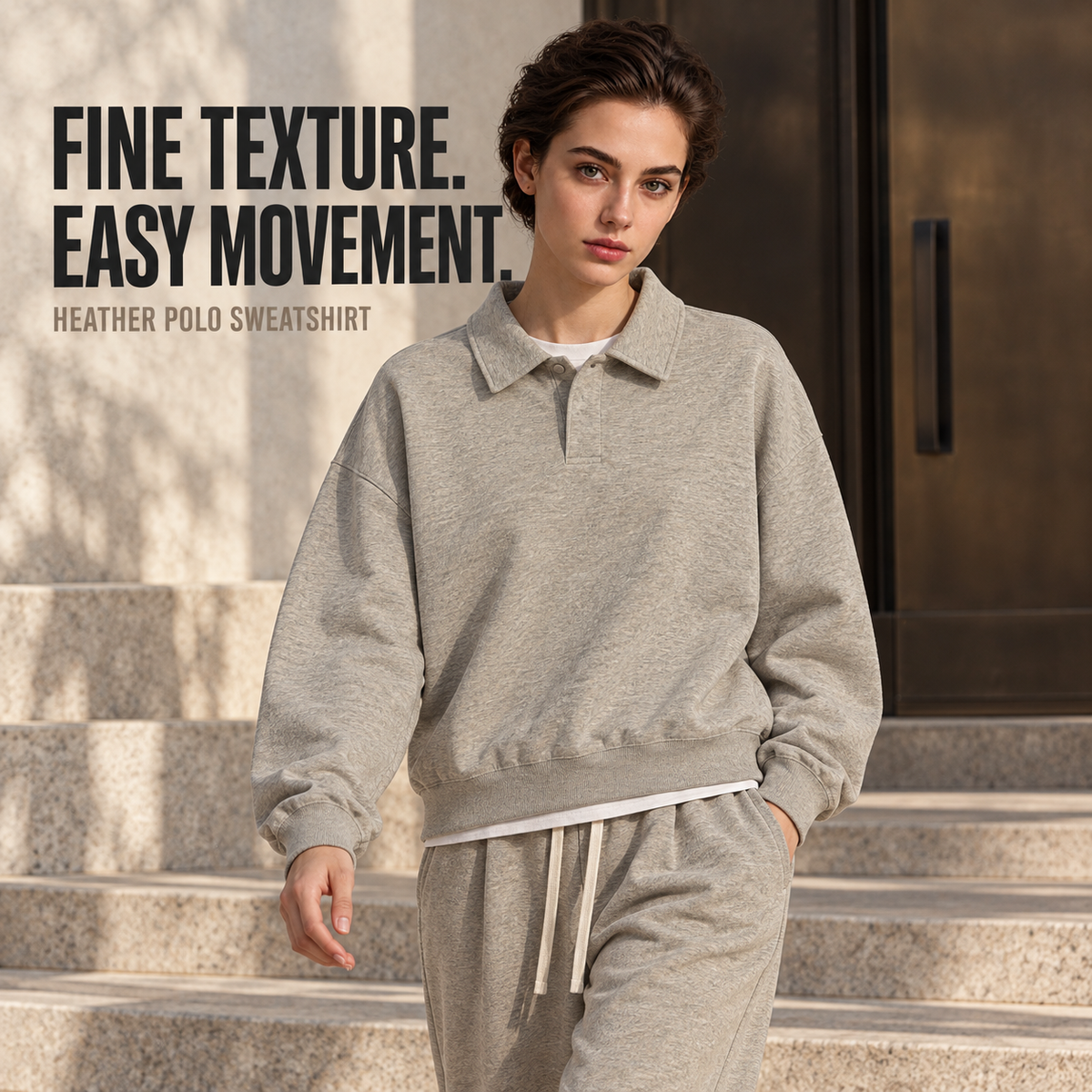 A51262 Oat Grey boxy heather polo sweatshirt, alternate styling view
