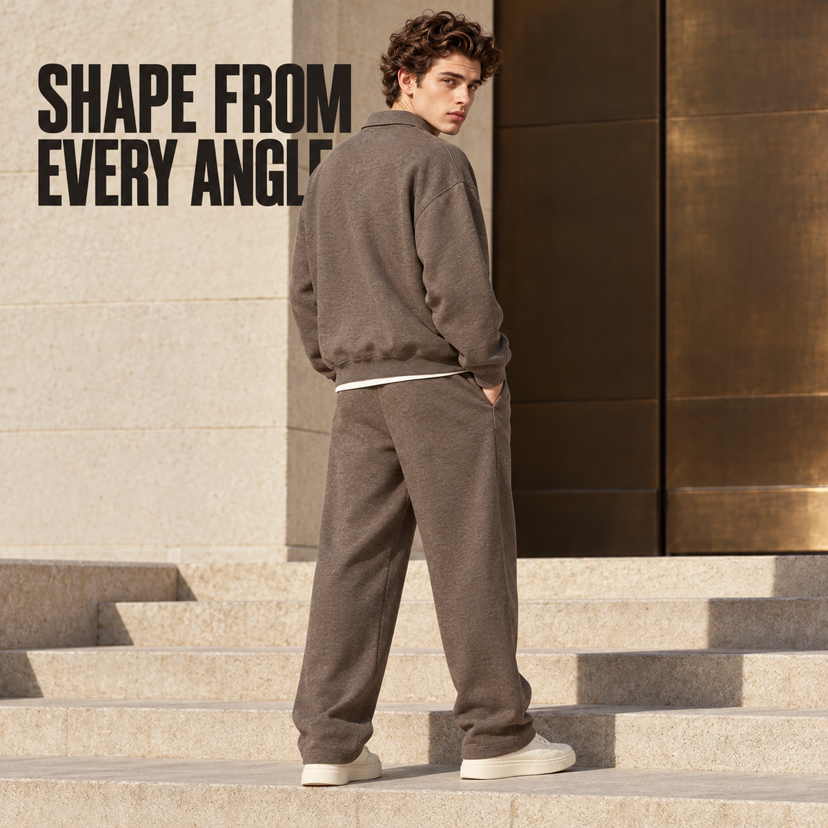 A51262 Brown boxy heather polo sweatshirt, rear or three-quarter styling view