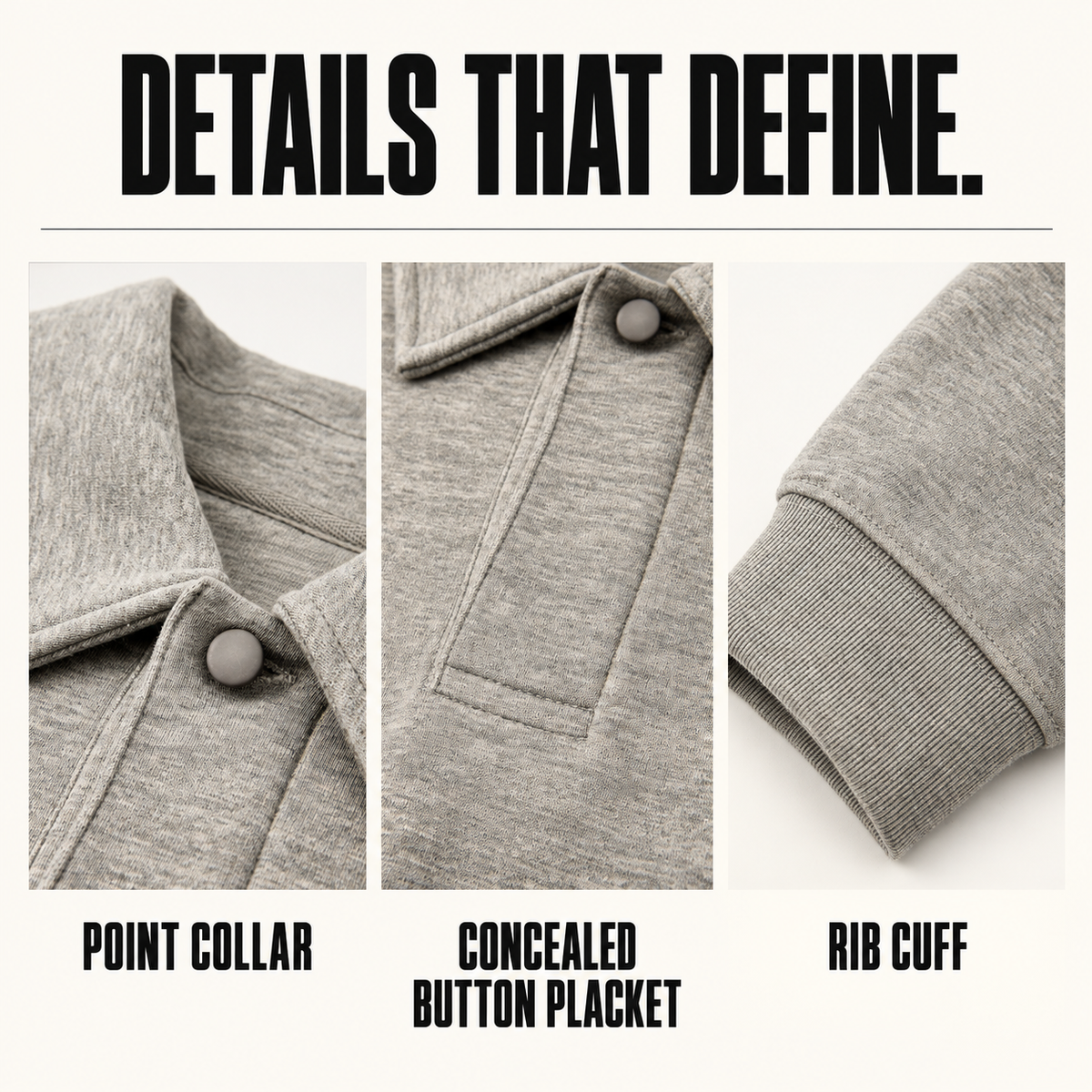 A51262 boxy heather polo sweatshirt, close-up construction details