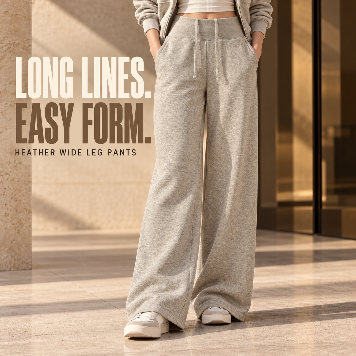 A52162 Oat Grey women's heather high-waist wide-leg pants, front styling view