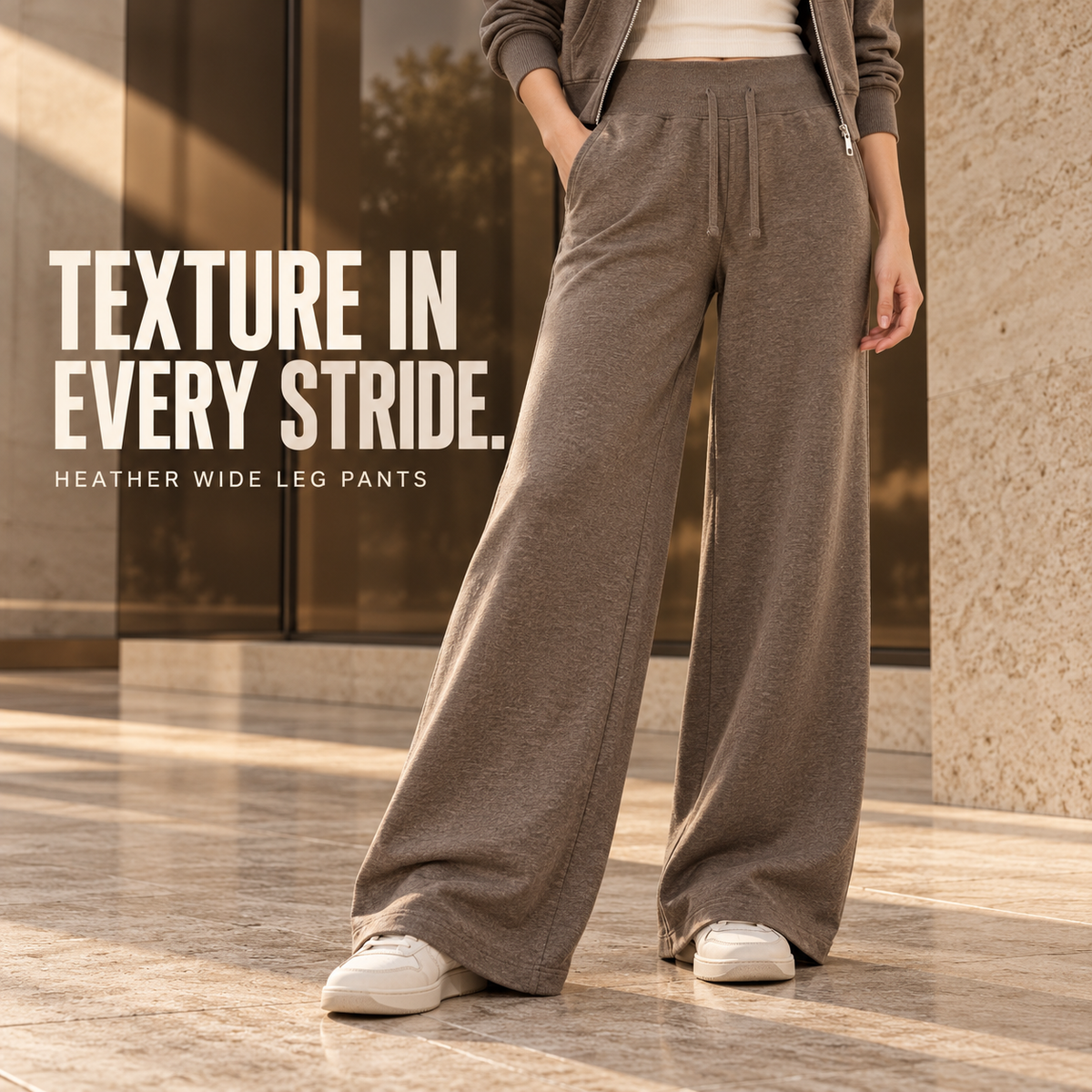 A52162 Taupe Brown women's heather high-waist wide-leg pants, alternate styling view